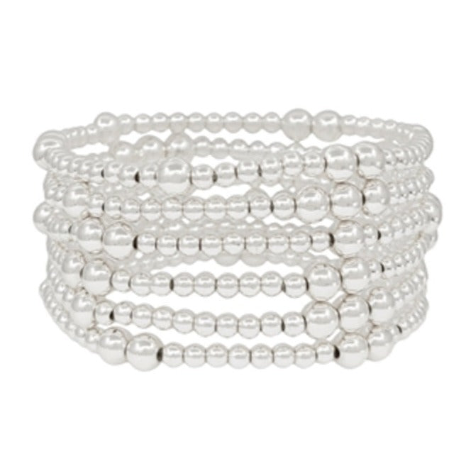 SET OF 7 SILVER BEADED WATER RESISTANT STRETCH BRACELETS