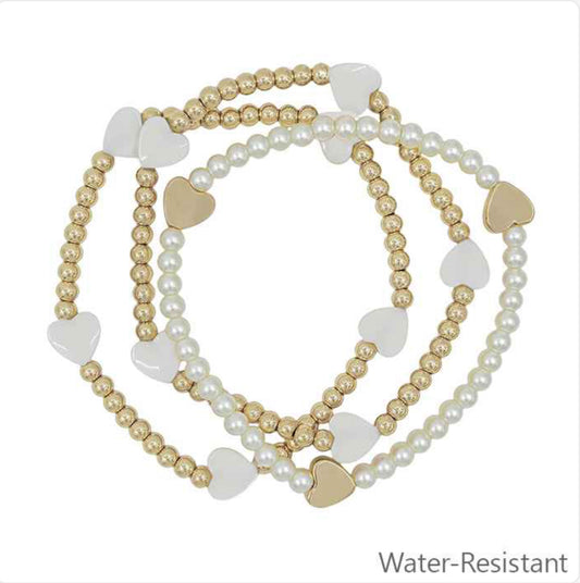 Water Resistant Gold Beaded and Pearl with White Heart Set of 3 Stretch Bracelets