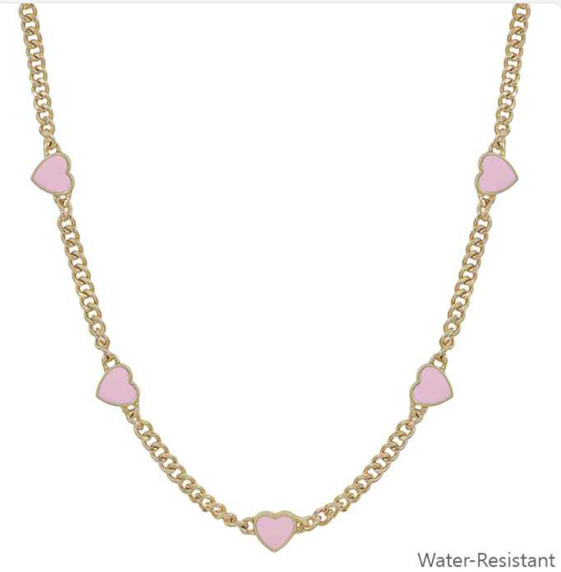 Water Resistant Gold Textured Chain with Pink Epoxy Heart 16"-18" Necklace