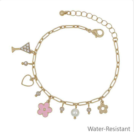 Water Resistant Pink Flower, Pearl, Heart, Multi Charm Bracelet