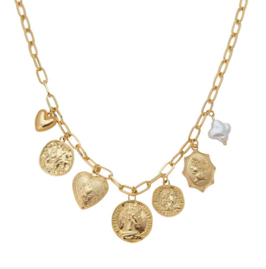 Gold Chain with Coins and Hearts Charm 16"-18" Necklace