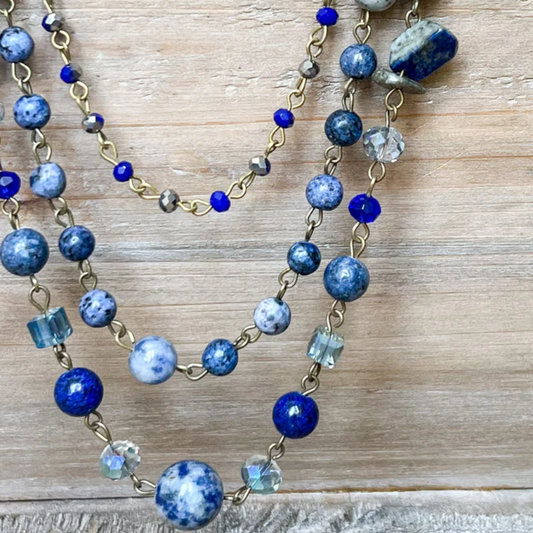 HANDCRAFTED BLUE STONE & GLASS BEADED NECKLACE - WEAR 5 DIFFERENT WAYS