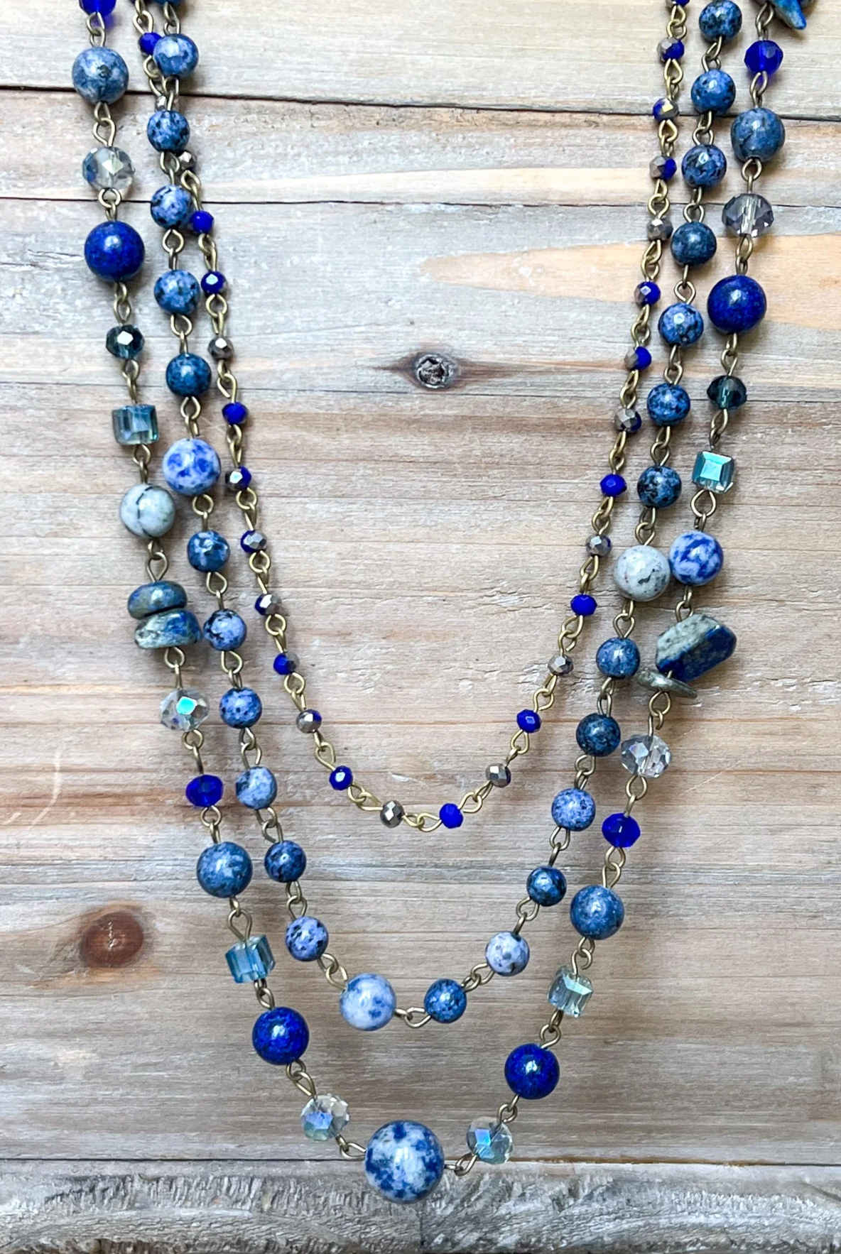 HANDCRAFTED BLUE STONE & GLASS BEADED NECKLACE - WEAR 5 DIFFERENT WAYS