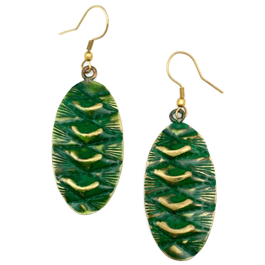 ARTISAN CRAFTED BRASS PATINA EARRINGS – GREEN OVAL WITH DIAMONDS AND MOONS by ANJU JEWELRY®