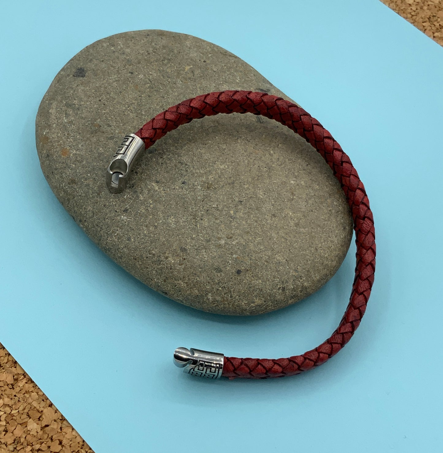 HANDCRAFTED 8MM FLAT BRAIDED LEATHER BRACELET WITH STAINLESS STEEL TRIBAL SLIDE LOCK CLASP