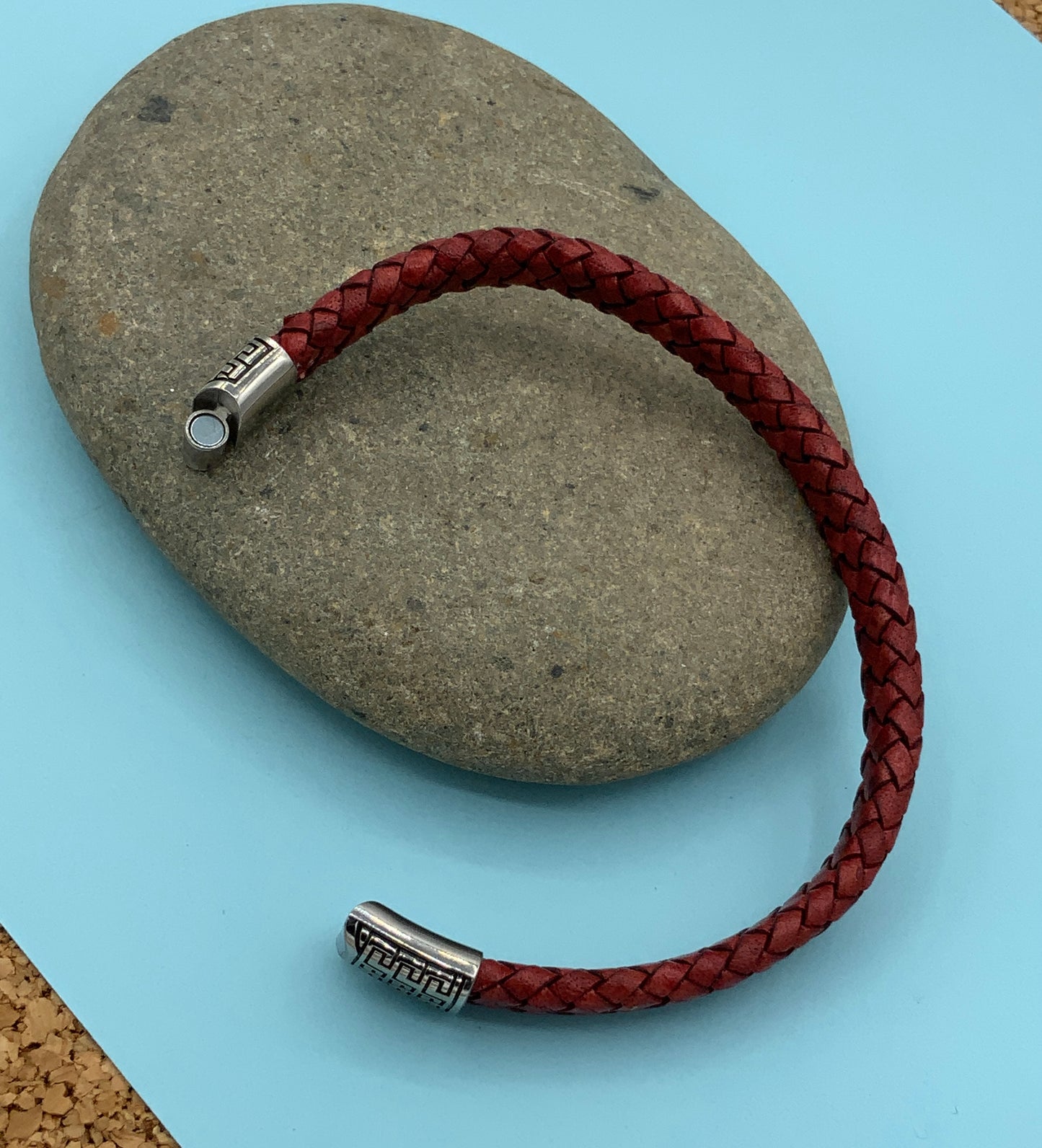 HANDCRAFTED 8MM FLAT BRAIDED LEATHER BRACELET WITH STAINLESS STEEL TRIBAL SLIDE LOCK CLASP