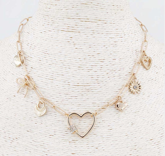 Gold Chain with Rhinestone Hearts and Bow Charms 16"-18" Necklace