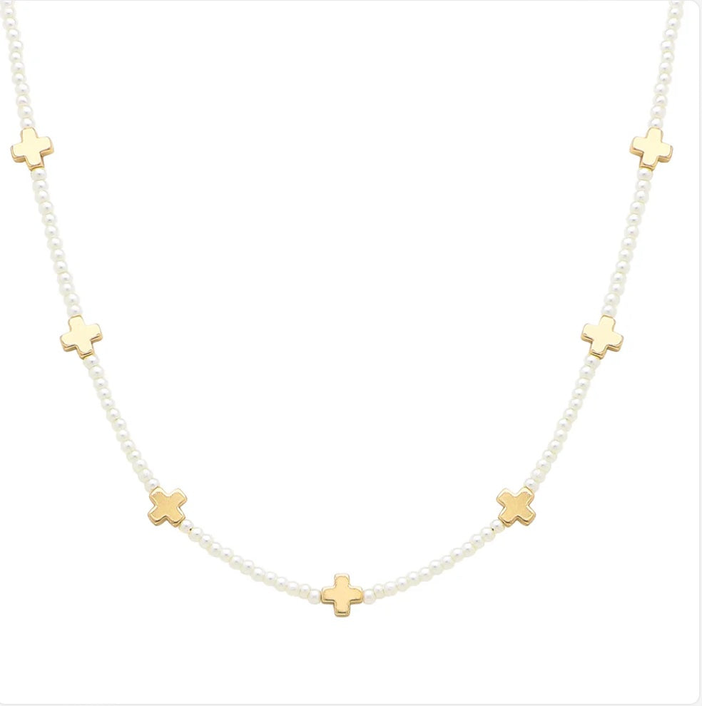 2mm Pearl with Gold Cross 16"-18" Necklace