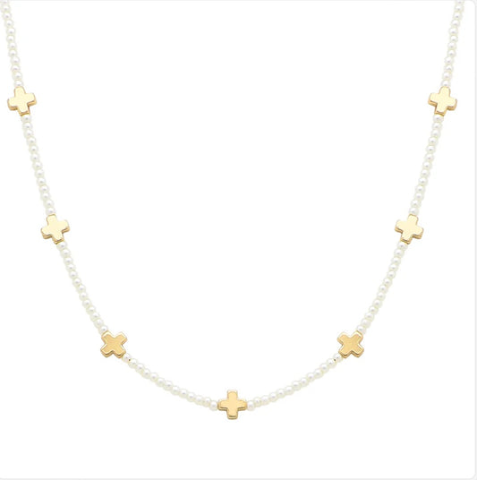 2mm Pearl with Gold Cross 16"-18" Necklace