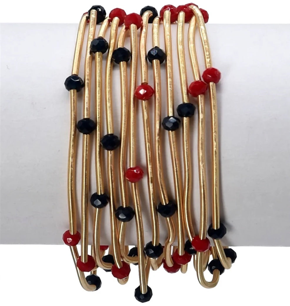 SET OF 12 GOLD WIRED STRETCH BRACELETS WITH BLACK & RED GAMEDAY CRYSTAL ACCENTS