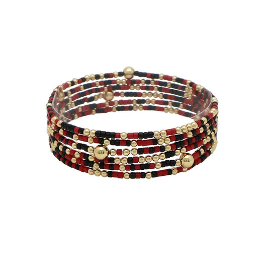 MULTI ROW THIN SEED BEAD RED & BLACK SEED BEAD GAMEDAY STRETCH BRACELETS