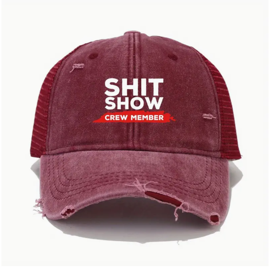 SHIT SHOW CREW MEMBER 6-PANEL VINTAGE DISTRESSED MESH BASEBALL HAT