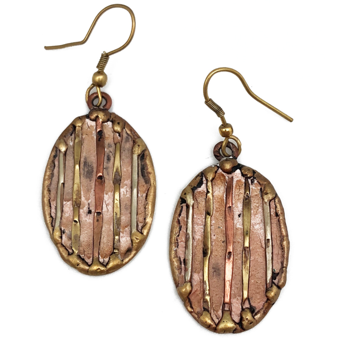 ARTISAN CRAFTED COPPER PATINA EARRINGS - STRIPPED CORAL OVALS by ANJU JEWELRY®