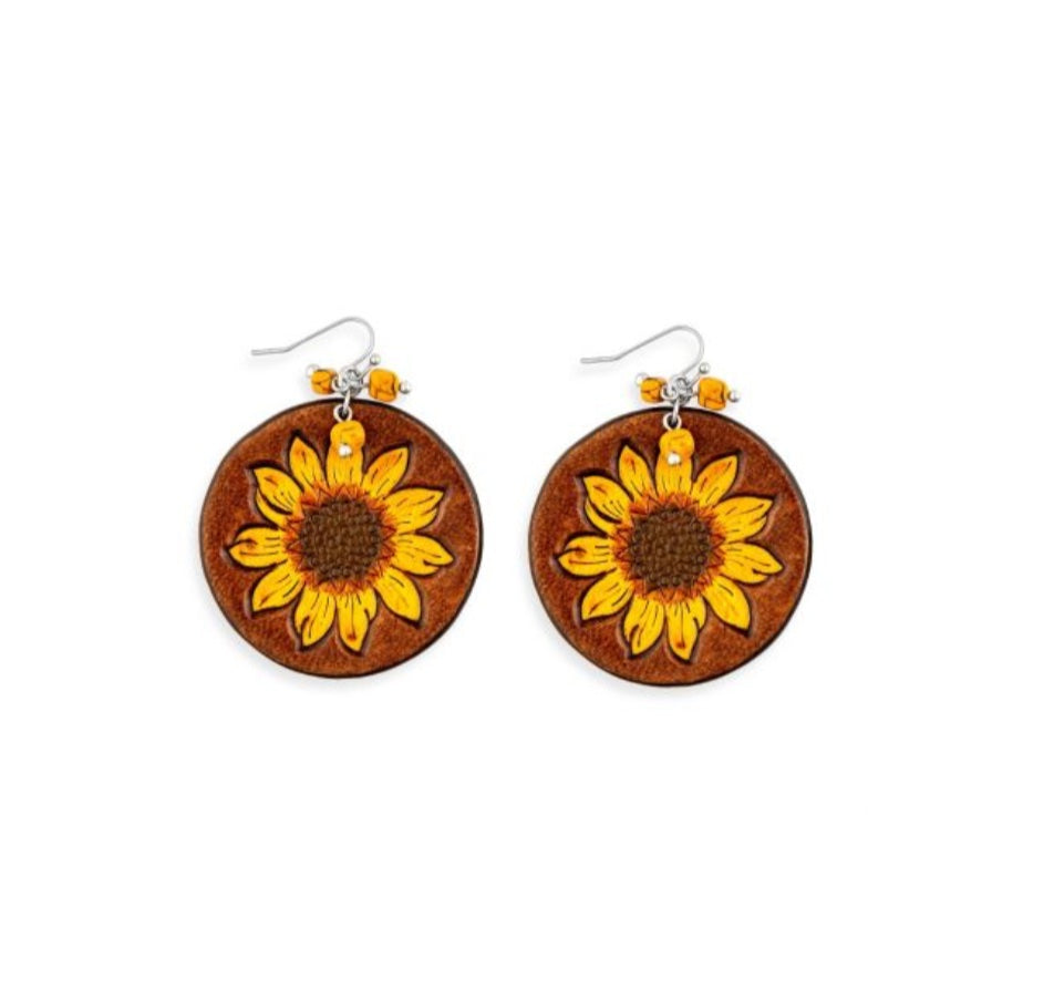 SUNFLOWER HAND-TOOLED LEATHER EARRINGS