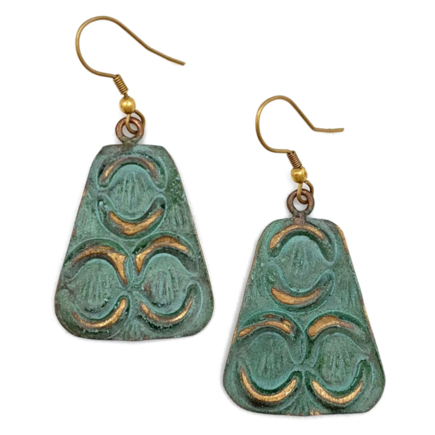 ARTISAN CRAFTED BRASS PATINA EARRINGS – TURQUOISE WITH MIRRORED CRESCENTS by ANJU JEWELRY®