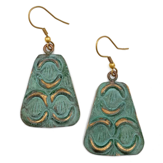 ARTISAN CRAFTED BRASS PATINA EARRINGS – TURQUOISE WITH MIRRORED CRESCENTS by ANJU JEWELRY®