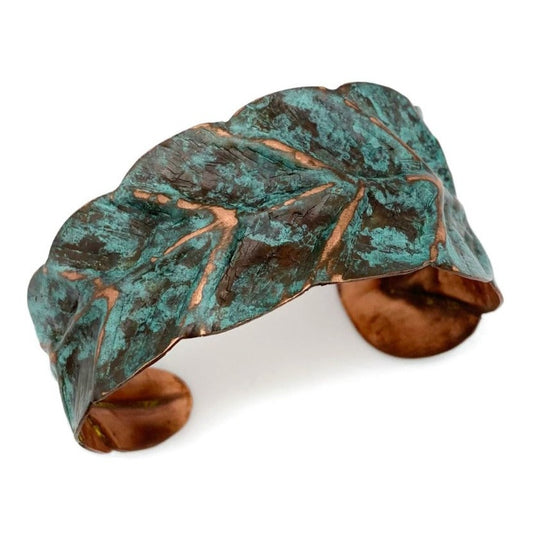 HANDCRAFTED BRASS PATINA CUFF-TEAL WRAPPED LEAF by ANJU JEWELRY®