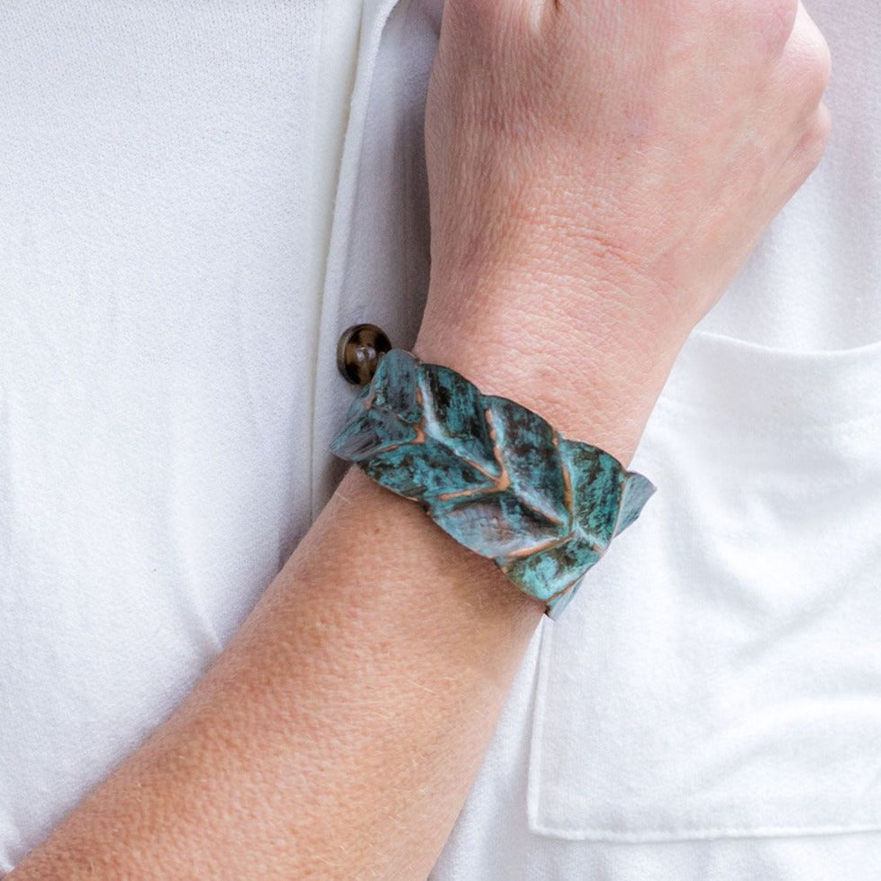 HANDCRAFTED BRASS PATINA CUFF-TEAL WRAPPED LEAF by ANJU JEWELRY®