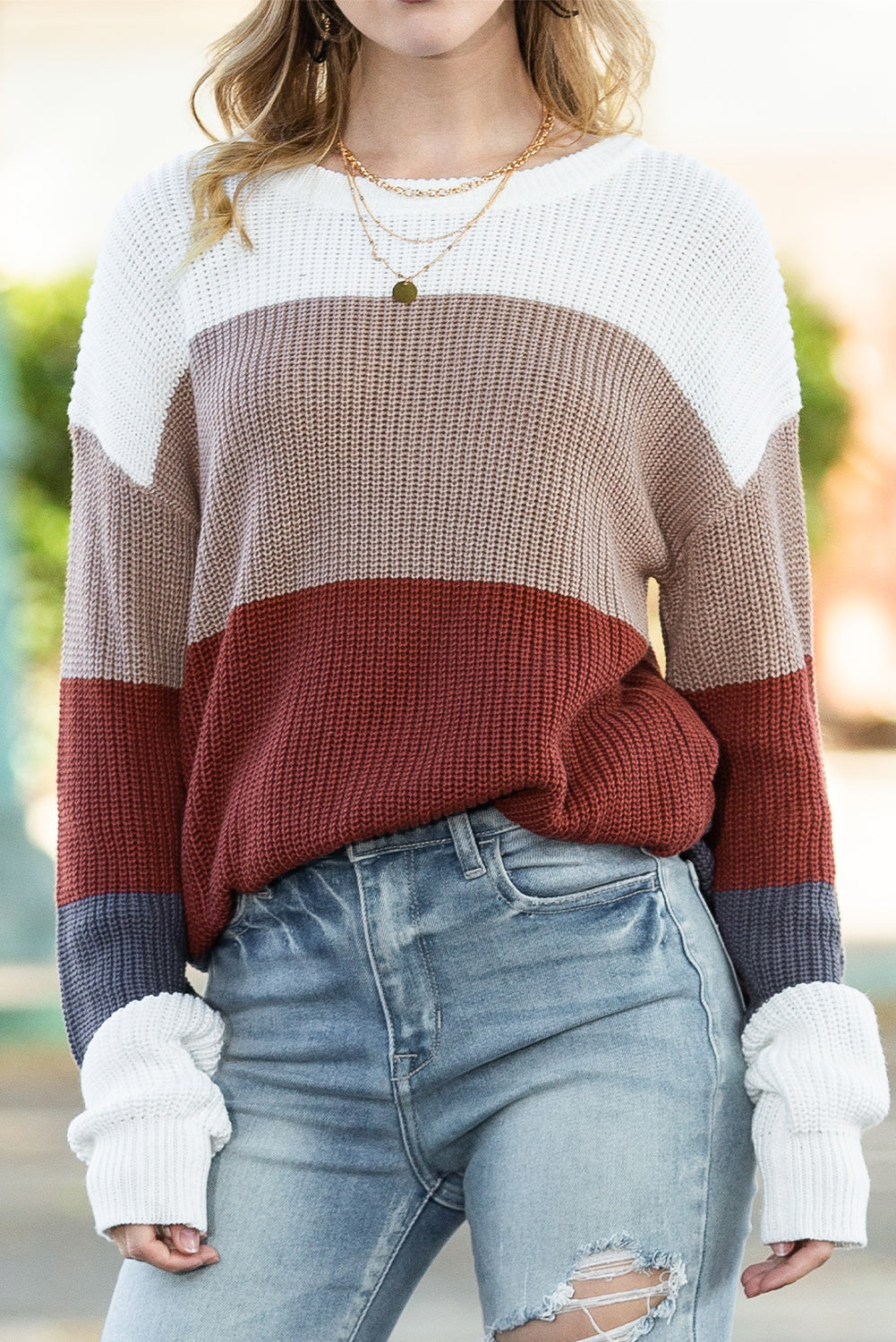 Red Color Block Casual Knit Pullover Sweater