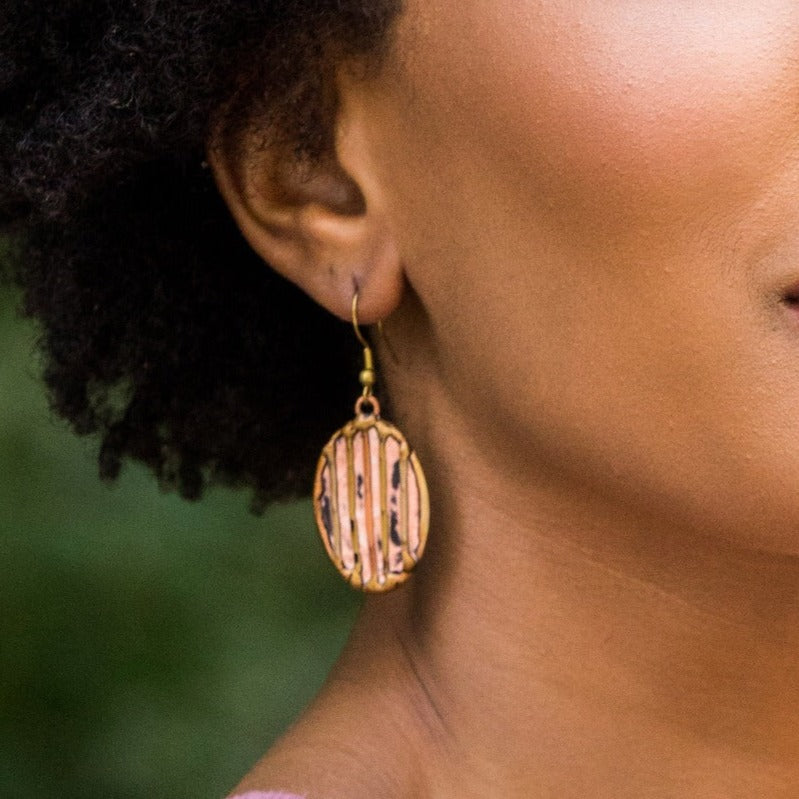 ARTISAN CRAFTED COPPER PATINA EARRINGS - STRIPPED CORAL OVALS by ANJU JEWELRY®