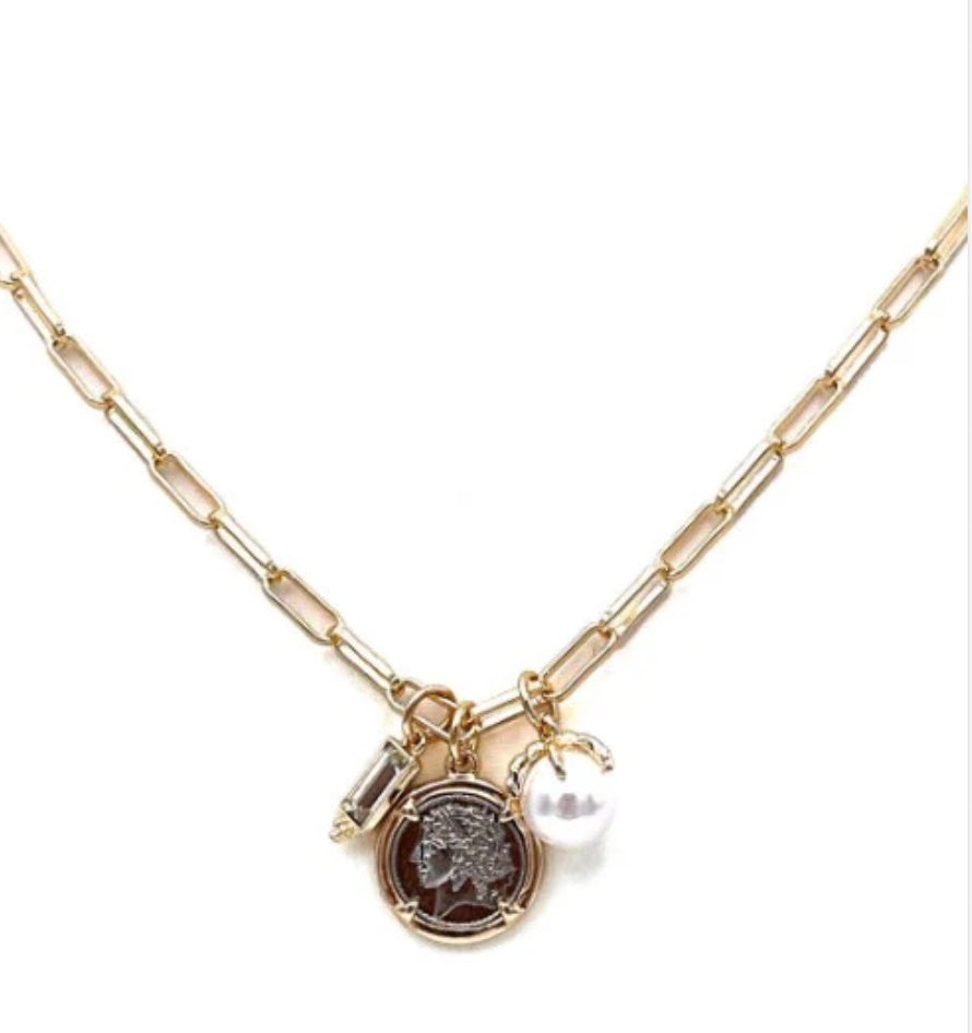 Gold Chain with Crystal, Pearl, and Coin Charm 16"-18" Necklace