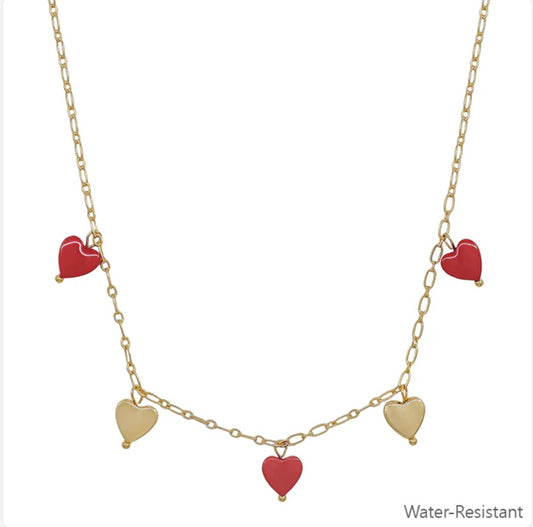 Water Resistant Gold Heart and Red Heart Charm 16"-18" Necklace