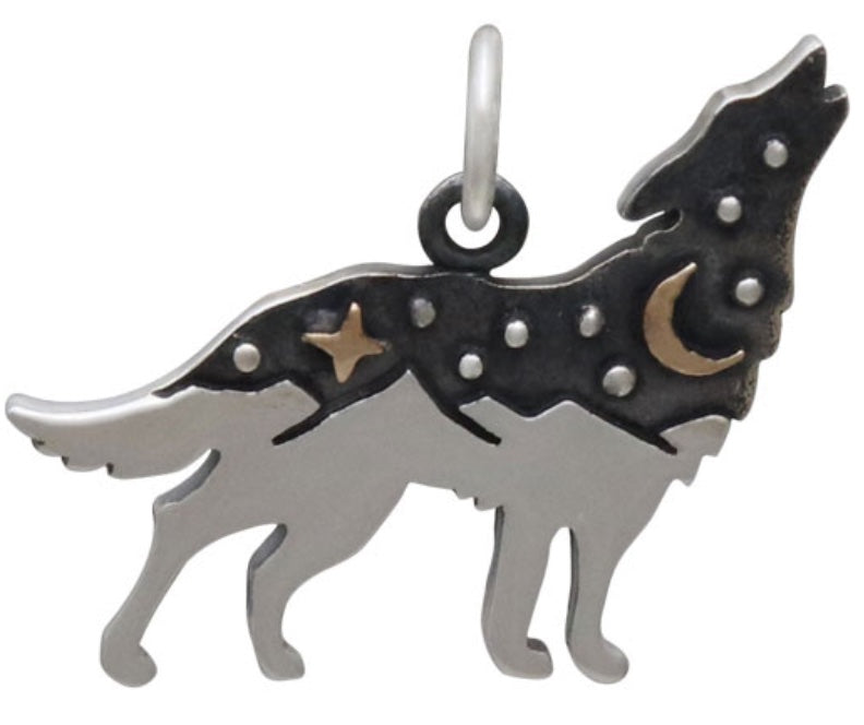 HANDMADE STERLING SILVER WOLF WITH BRONZE STAR & MOON CHARM NECKLACE by NINA DESIGNS®