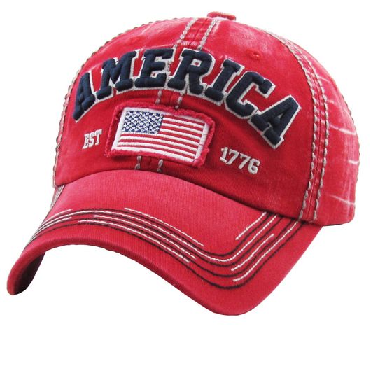 AMERICA DISTRESSED BASEBALL HAT  (RED)