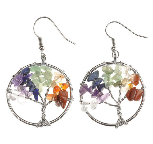 WIRE WRAPPED CHAKRA TREE OF LIFE ROUND EARRINGS