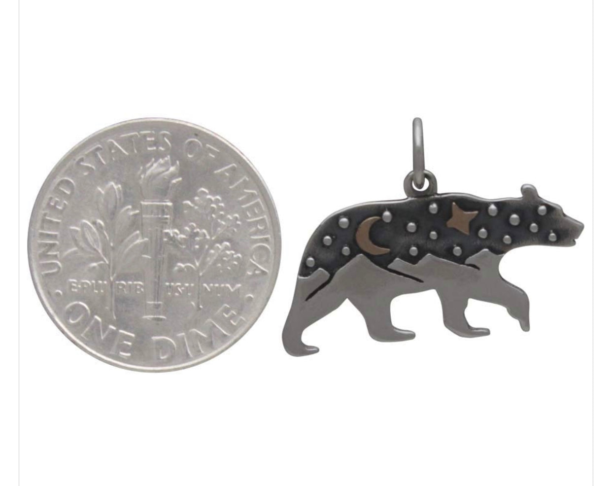 HANDCRAFTED STERLING SILVER BEAR CHARM WITH MOUNTAINS & BRONZE MOON NECKLACE