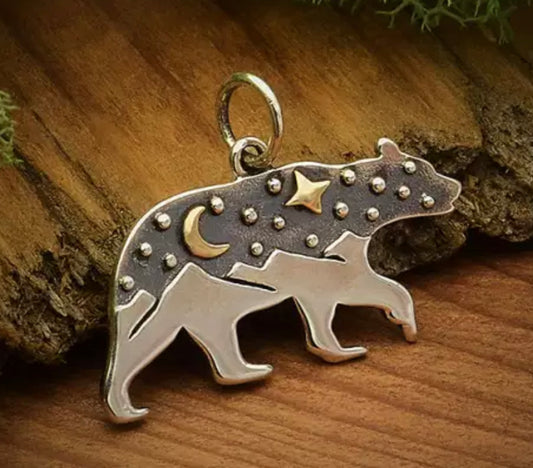 HANDCRAFTED STERLING SILVER BEAR CHARM WITH MOUNTAINS & BRONZE MOON NECKLACE